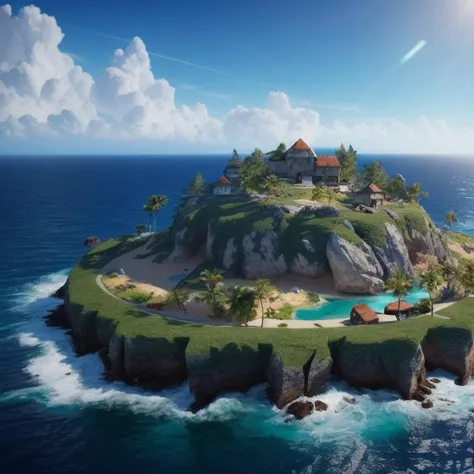 "island inside of a treasure, 3d render, unreal engine, ultradetailed, trending on artstation, devianart, cgsociety, concept art"