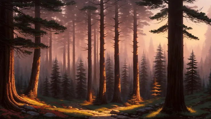 deep in a red tinted pine forest at dusk, foggy, ground view, matte painting, rocky, waterfall in distance, stunning detail, 4k, hd, clean, full of detail, sharp focus, rule of thirds by Makoto Shinkai, thomas kinkade, Karol Bak, trending on artstation