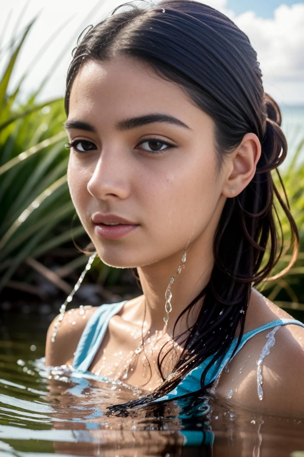 ((best quality)), ((masterpiece)), ,, white skin,symmetrical,High detail RAW color photo professional close photograph, (highly detail face: 1.2), twintails, half body, pore, real human skin, a portrait of a 18yo woman bathing in ocean,body contact water and ripple around, reeds,clear and clean water, shiny eyes,looking at viewer, wearing doctor uniforms, see-through , wet body, wet hair, tindal effect,lens flare,shade, bloom, backlighting, depth of field, natural lighting, hard focus, film grain, photographed with a Sony a9 II Mirrorless Camera, by Laurence Demais, (pureerosface_v1:0.4), (ulzzang-6500:0.4), <lora:Elixir:1>