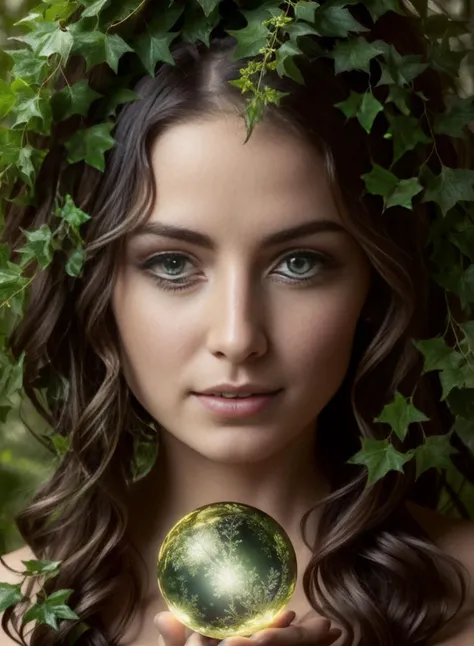 An alluring Fae Woman enchantress, (up close,:1.1) glowing markings, emerald green eyes, golden curly hair, solo, (upper body:0.6), gazing at a floating orb, intricate background, detailed face, (magical forest theme:1.1) (glowing orb:1.05), embodied magical flora, enchanted, harmony, mystic, floral, esoteric symbolism, ivy, glow, luminescence, symmetry, forest spirits, diffused-backlighting, enchanted woodland background, otherworldly magical atmosphere<lora:Elixir:1>