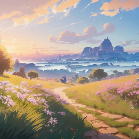 "pastel landscape of an anime field. clean sharp digital art, environment concept art, by rossdraws, ghibli, breath of the wild, greg rutkowski"