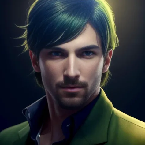"a highly detailed portrait of a man with dark green hair and green glowing eyes, high detail clothing, concept art, anime, artstation, professional"