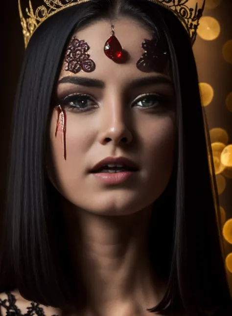 (sharp focus:1.1) photo of a vampire queen, blood droplets, blood soaked hair, ruby tiara, lace dress, alluring, yellow eyes, dark shadows, intensity, insanity, 8k, high quality, intricate details, close up, glowing eyes,<lora:Elixir:1>