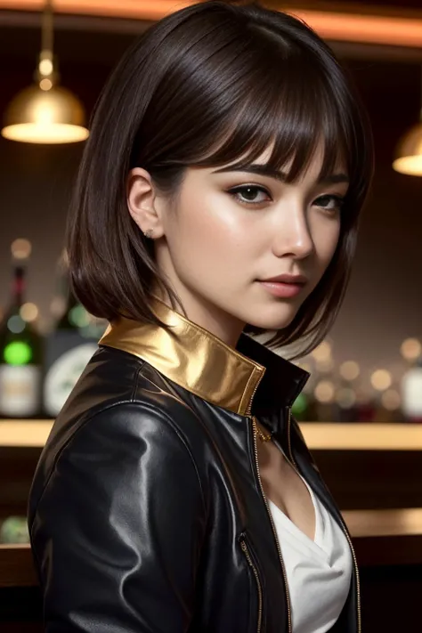pretty woman in a bar with sky blue straight hair, bangs, with amber eyes, gold eyes, wearing a black jacket, high collar, ultra detailed, concept art, award winning photography, digital painting, cinematic, by wlop, anime key visual, closeup, pixiv, happy, yoshitaka amano, ilya kuvshinov,