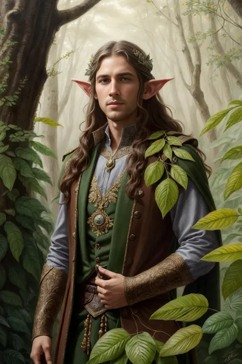 a picture of a forest elf cloths in flowers and leaves, high fantasy, elegant, epic, detailed, intricate, digital painting, concept art, realistic, smooth, focus, rim light,