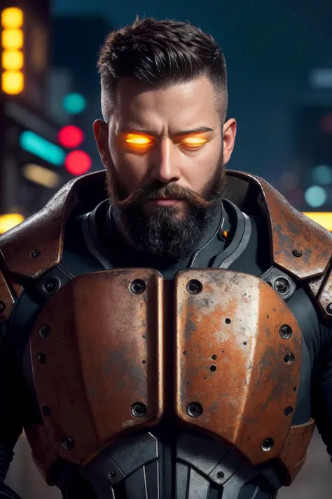 portrait photo of muscular bearded guy in a worn mech suit, surrounded by an electric atmosphere and illuminated with a green neon glow, chest lights, blinkenlights, (light bokeh)++, intricate, (steel metal (rust)-)+, elegant, sharp focus, photo by greg rutkowski, soft lighting, vibrant colors, (masterpiece)+, (streets)++, (detailed face)+, futuristic, hightech, scifi <lora:Elixir:1>