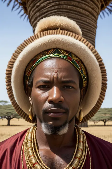 Up close Portrait, photograph, of a mature (king:0.7) with a commanding presence, wearing an elaborate headdress, penetrating amber eyes, closely cropped black hair, solo, sitting underneath a baobab tree,, intricate background, proud face, (African savannah theme:1.1), African art, 4k, 8k, absurdres, extreme quality, intricate skin details <lora:Elixir:1>