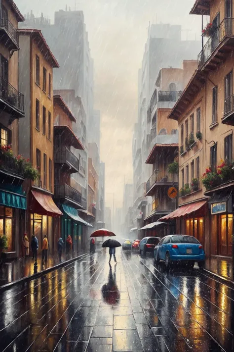 ((illustration)), dynamic_angle, depth_of_field, dynamic_pose, detailed_shading, detailed_background, vibrant_colors, street, raining, rain, wet, panorama