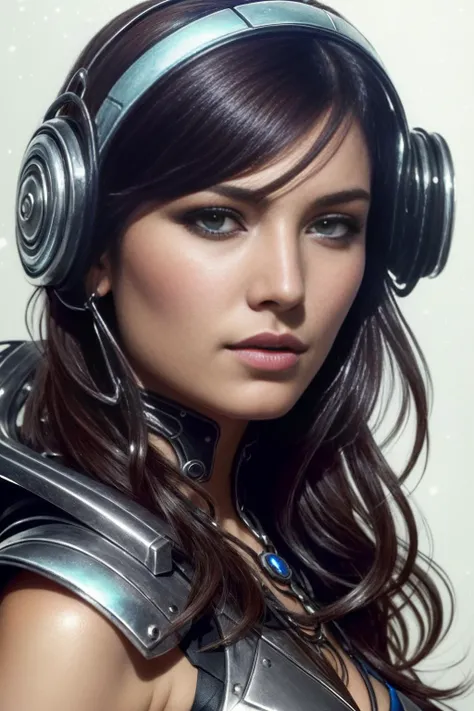 realistic detailed face portrait of one handsome futuristic female heroine amazon with few parts of alien cyberpunk armor, minimal sleak design armor style, by moebius, alphonse mucha, ayami kojima, amano, greg hildebrandt, and mark brooks, feminine, sexy, female, seductive, art nouveau, cyberpunk, neo - gothic, gothic, character concept design,