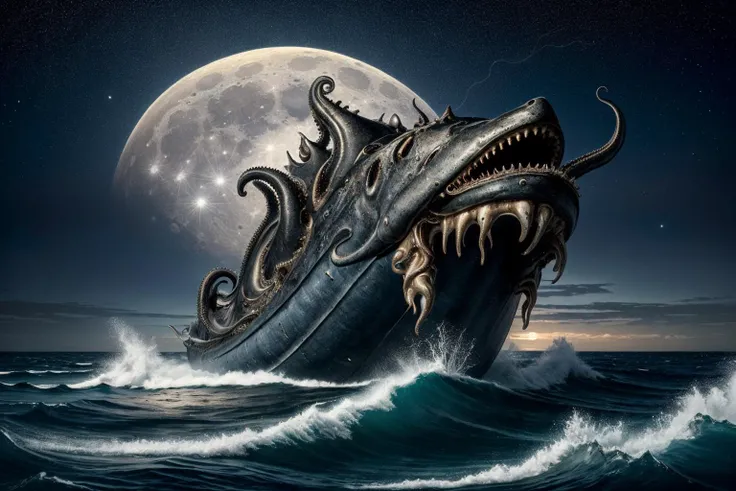 ((best quality)), ((masterpiece)), , majestic intricately detailed: From the darkest depths of the ocean, a colossal, tentacled horror rises, its slimy appendages writhing in the moonlight, leaving a trail of destruction in its wake. <lora:Elixir:1>