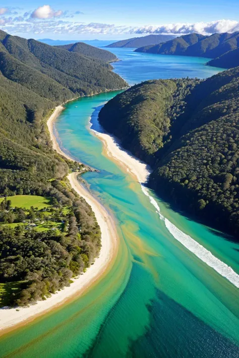 golden bay abel tasman new zealand in the style of vibrant watercolor painting, digital art, high quality, highly detailed, high coherence,, concept art, marterpiece