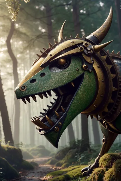 up close image of an ancient clockwork dragon, brass and steel, nestled within an overgrown forest, vibrant green foliage, rusted gears, moss-covered, ((masterpiece)), ((best quality)), intricate mechanical detailing, (steampunk:1.2), (nature reclaiming:1.3), (fantasy:1.1), ethereal morning light, luminous, Cinematic, Filmic, wide shot, 4k, Back-light, Cinematic Lighting, volumetric Light, Ray Tracing Reflections, Chromatic Aberration, hyper-realistic, 4k, 8k,<lora:Elixir:1>