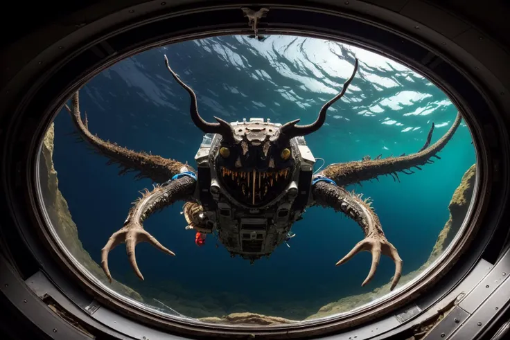 ((Best quality)), ((masterpiece)): A majestic, intricately detailed BREAK: An otherworldly creature with twisted limbs and multiple eyes emerges from the depths of a decaying spacecraft, exuding a sense of unearthly horror. <lora:Elixir:1>