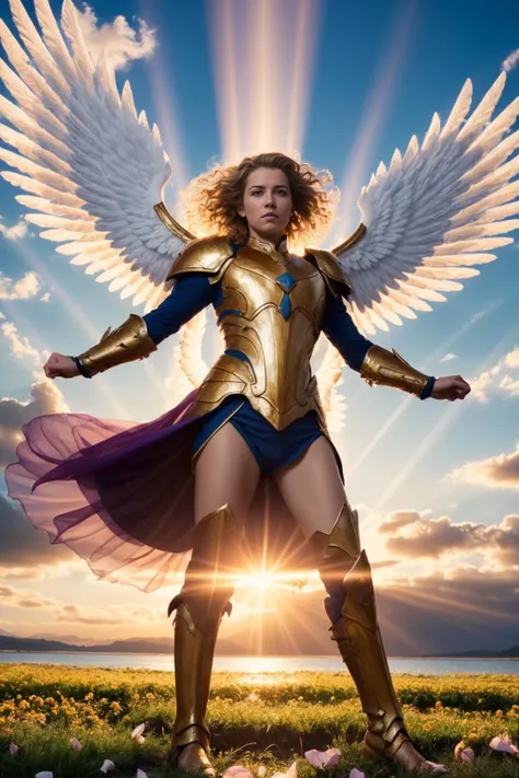 ((best quality)), ((masterpiece)), , majestic intricately detailed BREAK,((best quality)), ((masterpiece)), , (sunset:1.2), (dynamic flying action pose:1.3), 1girl, majestic intricately detailed soft oil painting by jim lee, body portrait, low angle, a beautiful blonde blue eyed female archangel, (long blonde curls:1.2), (halo:1.2), Soft facial features, (Cara Delevigne:0.8)|(jennifer connoly:1.1), (white feathered wings:1.2), (white enamel armor with detailed golden inlay scroll work), ((sheer white silk)), (glowing gold halo:1.3), in the sky, (heavenly gold lined clouds background:1.3), professional full body shot, dramatic cinematic lighting, soft edge lighting, (bloom:1.2), photographed on a Canon EOS R5, 50mm lens, F/2.8, HDR, professional, dramatic cinematic lighting, (god rays:1.3), (backlit:1.2), hard edge lighting, warm vibrant colors, (swirling flower petals:1.3), cinematic Film still from wrath of the titans|the lord of the rings|(dogma:0.8)|(krull:0.1|the void <lora:Elixir:1>