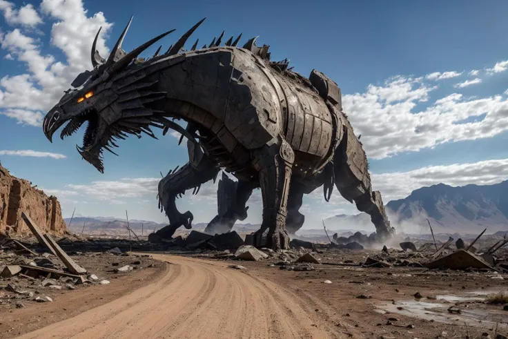 ((best quality)), ((masterpiece)), , majestic intricately detailed: Within a desolate wasteland, a towering creature with pulsating flesh and razor-sharp appendages roams, leaving a trail of devastation in its wake. <lora:Elixir:1>