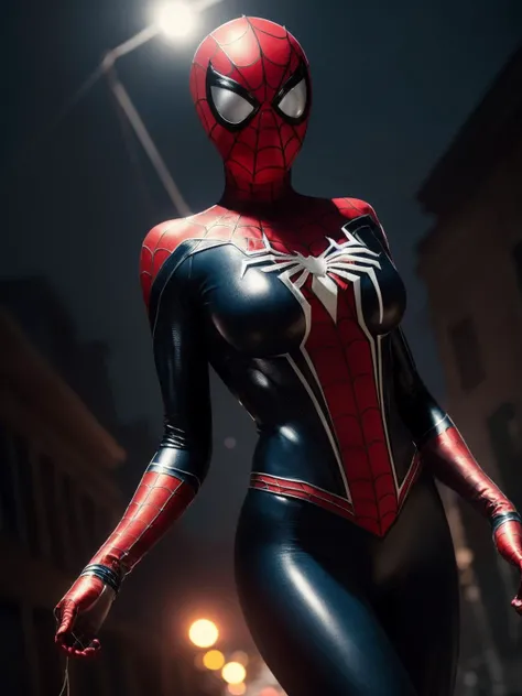 dark scene, (shot of a woman wearing a spiderman costume), (skinny body:1.4), night city, (mist:0.2), highest quality, particles, light rain, girl focus, breasts, (large breasts:1.7), night, outdoors, rain, dark atmosphere, lightning, detailed background, masterpiece, moody, (realistic:1.3), latex combat clothes, torn mask, (skinhead:1.2),perfect face, perfect hands, perfect skin, perfect lighting, perfect shading, (realistic fabric texture), volumetric shading, subsurface scattering, hyperrealistic, dynamic pose, dynamic movement, (photorealistic:1.5), ((empty hands)), full body in frame, spider girl, woman spider-man