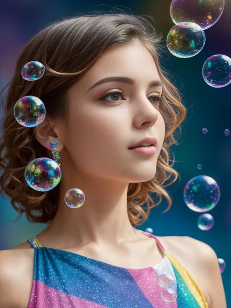 (masterpiece, top quality, best quality, official art, beautiful and aesthetic:1.2), extreme detailed, colorful,highest detailed, clean facial features, upper body, (detailed light), (an extremely delicate and beautiful), a girl, cute & girly, upper body, two legs, sexy clothes inspired by clear bubbles, (beautiful detailed eyes), stars in the eyes, (((lots of big colorful Bubbles))), Iridescence, depth of field, bubbles around