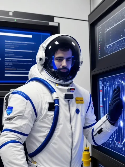 by Jules Guerin , Wearing a biometric monitoring spacesuit: health-focused armor, biometric sensors, vital signs tracking, real-time medical data. , Quantum Computing Lab, Research facility with superconducting qubits, quantum algorithms, and entanglement experiments.