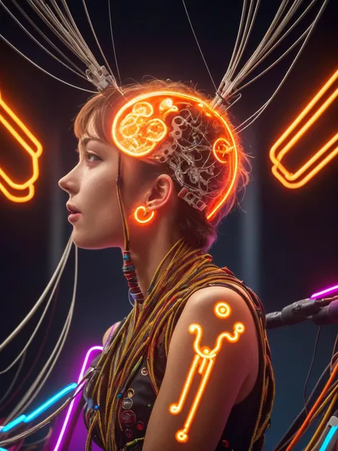 (scandinavian girl:1.2), cute face, long hair, frilly hairstyle,(full),latex dress, torso, body, 8k, ultra-detailed, highres, (best quality, masterpiece:1.2), (deformad neon light:1.3), soft particles of fractal fire,volumetric lighting, focus, colorful, ((extreme details)), glow, impossible figures, paradoxical art,paradox, impossible geometry, hypercube, Beautiful Psychedelic Trippy White Intricate Detailed Elaborate, solo, full body, (machine made joints:1.4), ((machanical limbs)), (explosed muscles), (blood vessels connected to tubes), (a brain in container:1.3),((mechanical vertebra attaching to back)), ((mechanical cervial attaching to neck)), ((sitting)), expressionless, (wires and cables attaching to head and body:1.5), small breasts, short hair, (character focus), science fiction