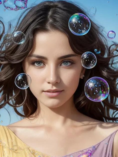 (masterpiece, top quality, best quality, official art, beautiful and aesthetic:1.2), extreme detailed, colorful,highest detailed, clean facial features, upper body, (detailed light), (an extremely delicate and beautiful), a girl, cute & girly, upper body, two legs, sexy clothes inspired by clear bubbles, (beautiful detailed eyes), stars in the eyes, (((lots of big colorful Bubbles))), Iridescence, depth of field, bubbles around