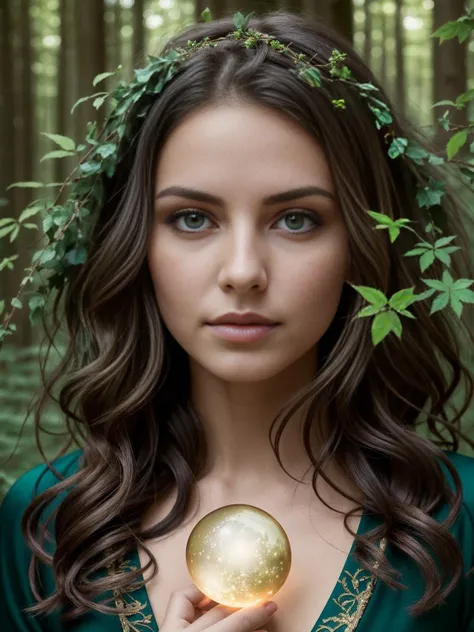 An alluring Fae Woman enchantress, (up close,:1.1) glowing markings, emerald green eyes, golden curly hair, solo, (upper body:0.6), gazing at a floating orb, intricate background, detailed face, (magical forest theme:1.1) (glowing orb:1.05), embodied magical flora, enchanted, harmony, mystic, floral, esoteric symbolism, ivy, glow, luminescence, symmetry, forest spirits, diffused-backlighting, enchanted woodland background, otherworldly magical atmosphere<lora:Elixir:1>