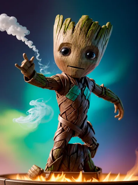 3 d baby groot with green and turquoise colors as pop smoke album cover