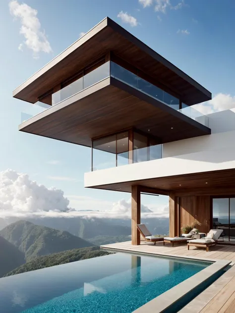 a photo luxury house floating in a cloud with infinite edge pool, art station, 4k, 8k, concept art, hd, realistic, high detailed, high quality