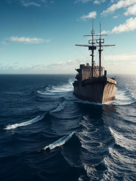 an old ship on the bottom of the ocean that sunk long ago. mysterious, intimidating, haunted. horror movie screencap. epic. trending on artstation