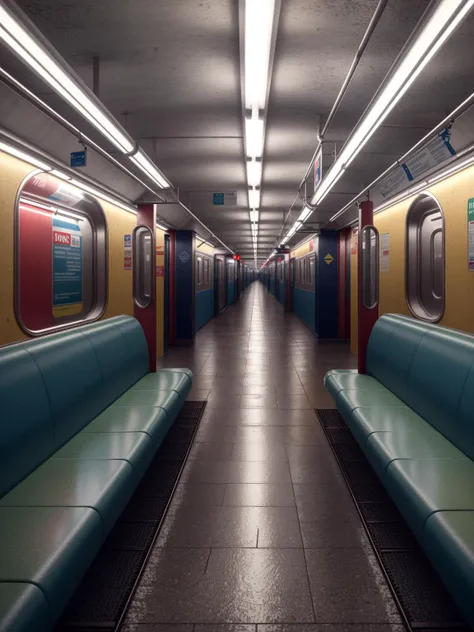 an empty subway platform in new york city, 3d, photorealistic, octane render, detailed, overhead fluorescent lighting, cinematic, atmospheric