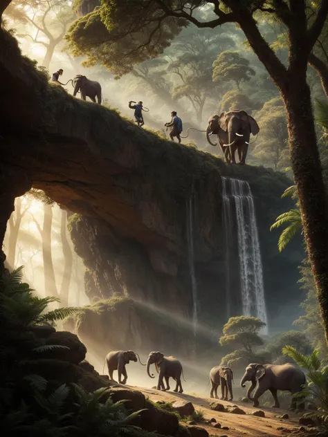 a group of explorers with cute monkeys and elephants in the jungle, surreal photography zzz, dramatic light, cinematic composition unreal octane