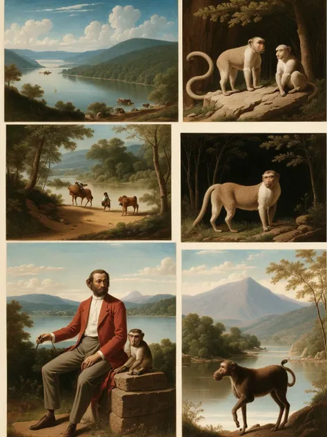 evolution from monkey to man, 4 pictures, in the style of the hudson river school