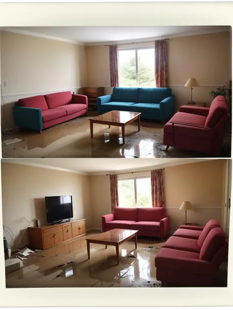 an award winning photo of 1970's living room abandoned 6 months ago, water damages 4k, color polaroid photo