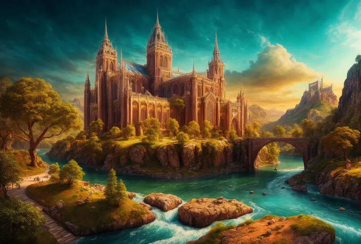 a photography of perfect landscape with palace made with crystal and rare precious stones and golden streets with , epic scenery, silver river around, detailed gothic architecture <lora:add_detail:1> intricate detail, masterpiece, ultrarealistic, fantasy art, cocnept art,  photorealistic digital paiting, ultradetialed, perfect quality, best quality, dramatic lights,