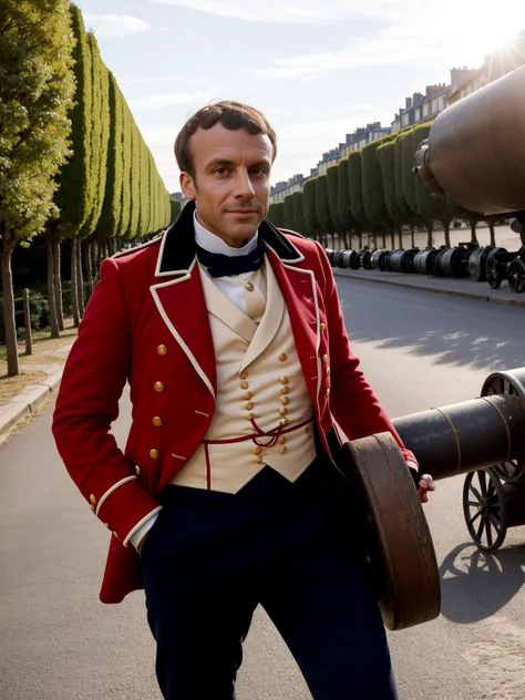 portrait of emmanuel macron dressed as napoleon in a paris street dragging a cannon behind him, natural light, sharp, detailed face, magazine, press, photo, steve mccurry, david lazar, canon, nikon, focus