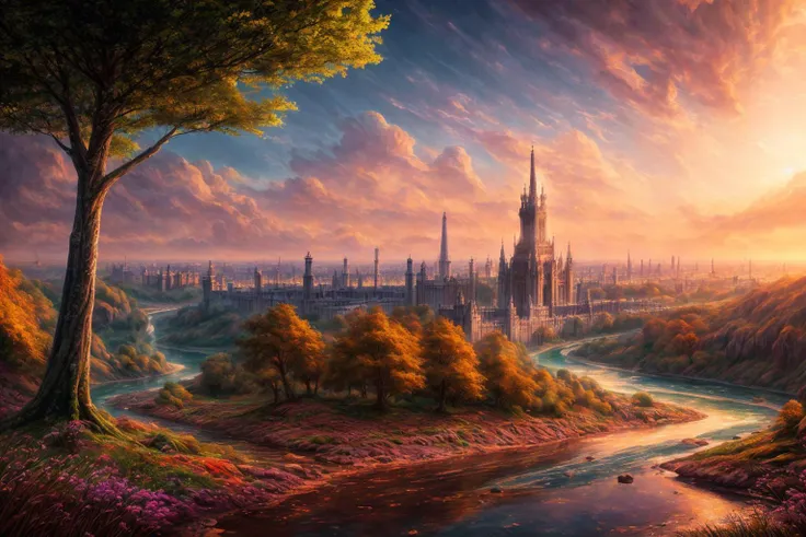 a photography of perfect landscape with crystal palace and golden streets with , epic scenery, silver river around, detailed gothic architecture <lora:add_detail:1> intricate detail, masterpiece, ultrarealistic, fantasy art, cocnept art,  photorealistic digital paiting, ultradetialed, perfect quality, best quality, dramatic lights,   <lora:improve_backgrounds:1>  ultrasharp