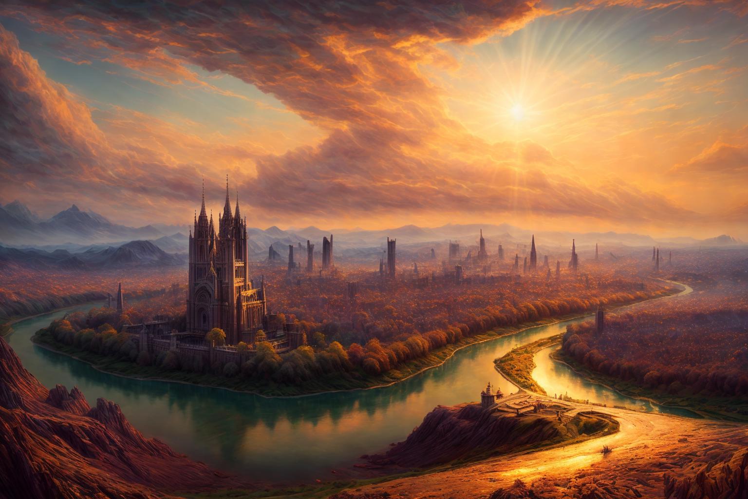 A painting of a castle on a hill overlooking a river - SeaArt AI