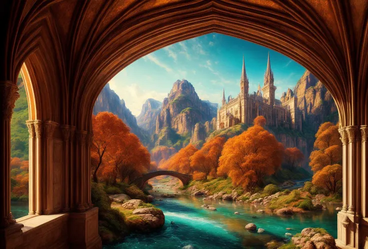 a photography of perfect landscape with palace made with crystal and rare precious stones and golden streets with , epic scenery, silver river around, detailed gothic architecture <lora:add_detail:1> intricate detail, masterpiece, ultrarealistic, fantasy art, cocnept art, photorealistic digital paiting, ultradetialed, perfect quality, best quality, dramatic lights,