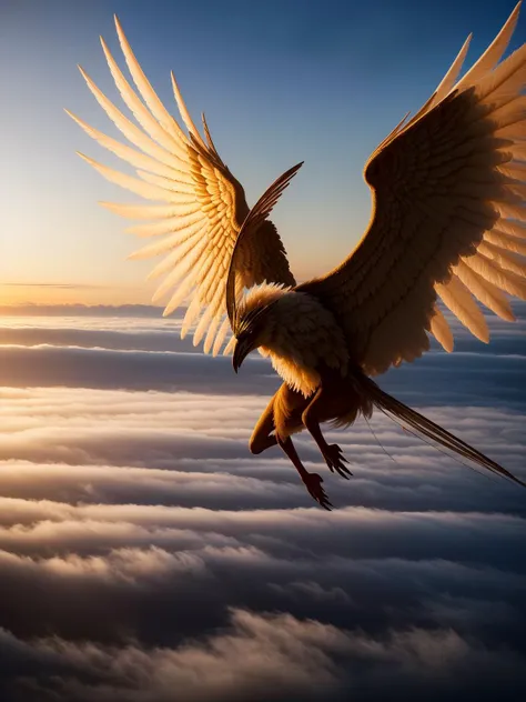 mysterious fantasy winged creature, 4 k, photorealistic, golden light, volumetric, foggy