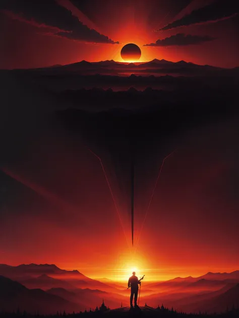 a painting of a landscape with a red sky with a black sun, poster art by noah bradley, peter mohrbacher, behance contest winner, symbolism, darksynth, poster art, apocalypse art, hellish background