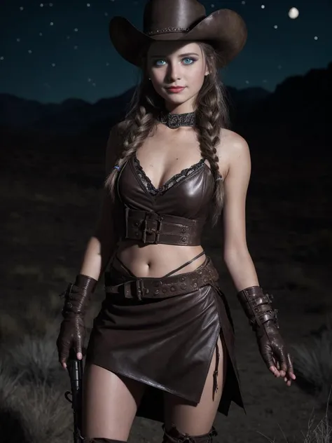 Hyperrealistic art 19yo brunette girl, 1girl, very long ponytail, sly smile, lipstick, mascara, heavy eyeshadow, icy blue eyes, (freckles:0.5), BREAK, wearing a [worn out] [light brown] rawhide patchwork dress, leather boots, walking along a dusty wild west street, belts, gloves, bandana, leather cowboy hat, ropes, wild west town, (full body shot:1.1), moonbeams, starry night, dark night, torches, fires, dark shadows, facing camera, dusty, tumbleweeds, windy, shooting a gun, <lora:Perfect_Eyes:1>, <lora:LowRA_v2:0.7> . Extremely high-resolution details, photographic, realism pushed to extreme, fine texture, incredibly lifelike,