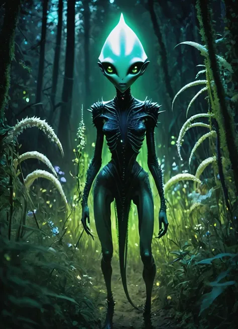 cinematic scene of a futuristic alien with pale skin and big black eyes, long tail with a glowing spike at the end, scaled skin, hiding in the forest, in the dark, among the trees and bushes, grass and flowers in the foreground,
<lora:Alien:0.8>