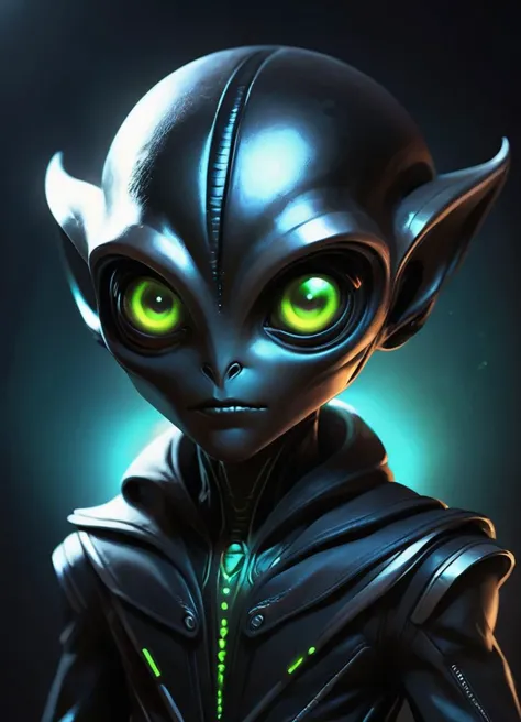 a realistic portrait of a cute and futuristic alien wearing a black hoot, dramatic light, glowing eyes, dark background, cinematic,
<lora:Alien:0.8>