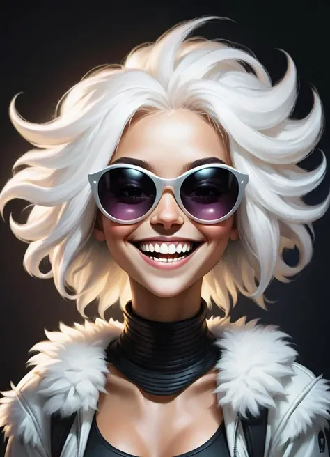 a realistic portrait of a cute and  futuristic female alien with fluffy white hair, dark background, sunglasses, big smile with teeth showing,
<lora:Alien:0.8>