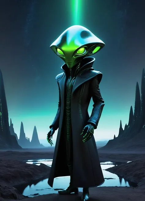 a glowing futuristic ale alien wearing a black coat and is wondering in a futuristic landscape, 
<lora:Alien:0.8>