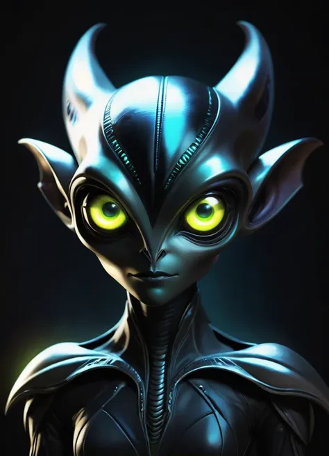 a realistic portrait of a cute and  futuristic alien wearing a black hoot, dramatic light, glowing eyes, dark background, cinematic,
<lora:Alien:0.8>