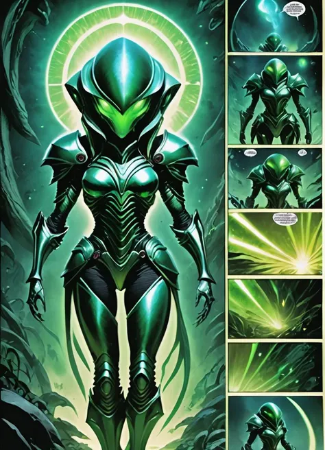 comic book page with multiple panels,  a glowing futuristic female alien in heavy armor,
<lora:Alien:0.8>