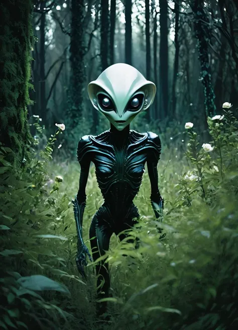 cinematic scene of a futuristic alien with pale skin and big black eyes, hiding in the forest, in the dark, among the trees and bushes, grass and flowers in the foreground,
<lora:Alien:0.8>