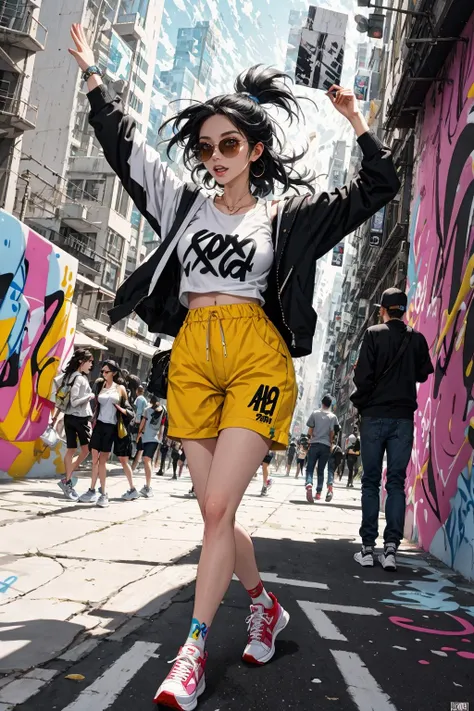 modern woman,dynamic pose,urban setting,bright daylight,low-angle view,contemporary fashion,(energetic vibe:1.5),(cityscape background),(vivid colors),(motion blur effect:1.2),(confident expression),(street style clothing),(sneakers),(sunglasses),(casual yet stylish),(urban graffiti art:1.3),(sunny weather),(lively atmosphere),(modern architecture),(action shot),(vibrant energy),
<lora:KayneGi0rdan0:1>,kaynegi0rdan0,, nice hands, perfect hands,<lora:GoodHands-vanilla:1>,