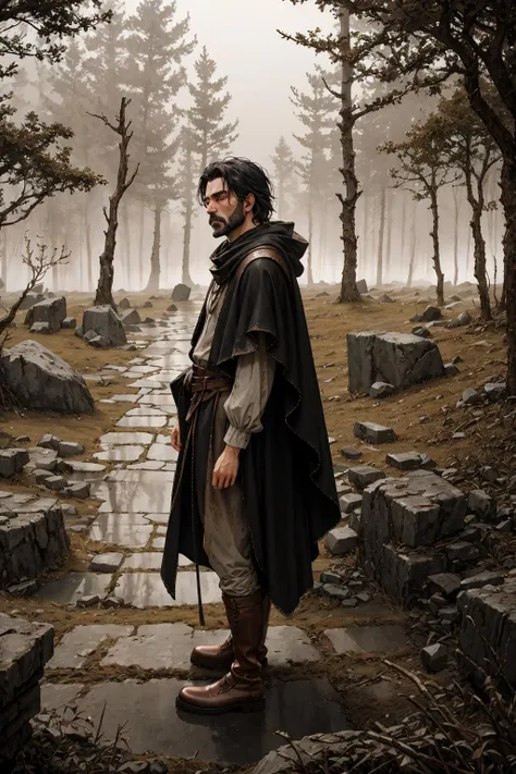 medieval era, solitary man, rustic outdoor setting, dramatic side lighting, high-angle view, standing in contemplative pose, medieval clothing, (rugged appearance:1.5), (lonely atmosphere), (ancient forest background), (soft mist:1.2), (dawn light), earthy color palette, (worn leather boots), (rough-hewn cloak), (subdued expression), (solitary path), (old stone ruins:1.3), (early morning dew), (subtle facial hair), (sense of timelessness)
<lora:KayneGi0rdan0:1>,kaynegi0rdan0,, nice hands, perfect hands,<lora:GoodHands-vanilla:1>,