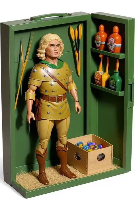 (masterpiece, best quality, ultra detailed, absurdres), diorama, closed pack premium toy box, inboxDollPlaySetQuiron style, medieval, bow, arrow, hank, blonde hair, leather armor, green shirt, (plastic toy playset pack:1.3), inside gift box <lora:quiron_inboxDollPlaySet_v1_lora:0.47> <lora:hank_dnd_V1:0.9>